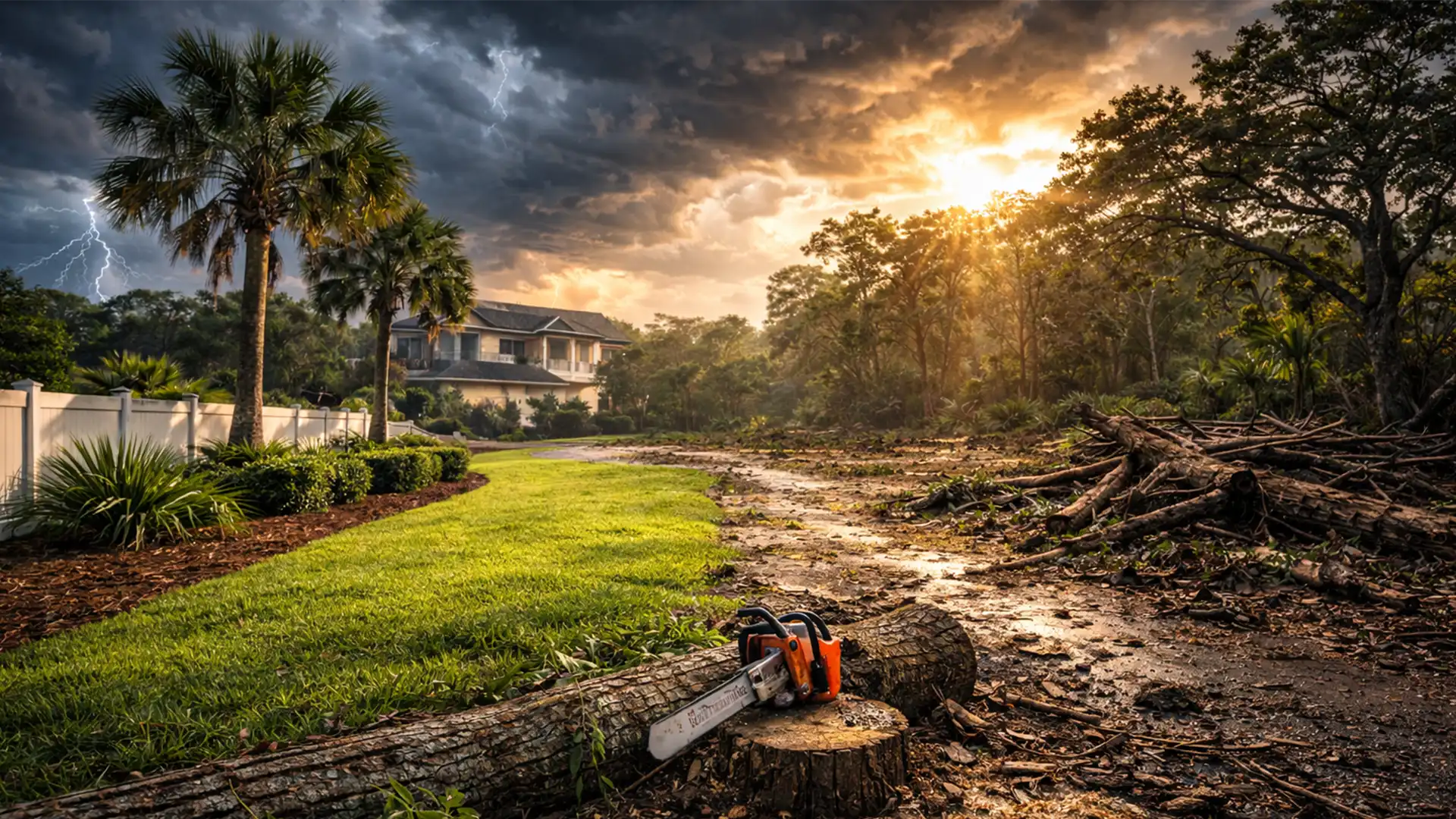 Storm-cleared Tampa Bay yard with tree debris and a chainsaw