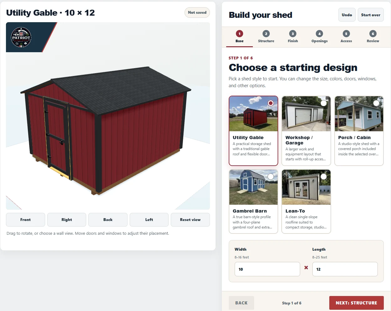 Actual shed builder Base screen with Utility Gable selected and width 10 feet and length 12 feet