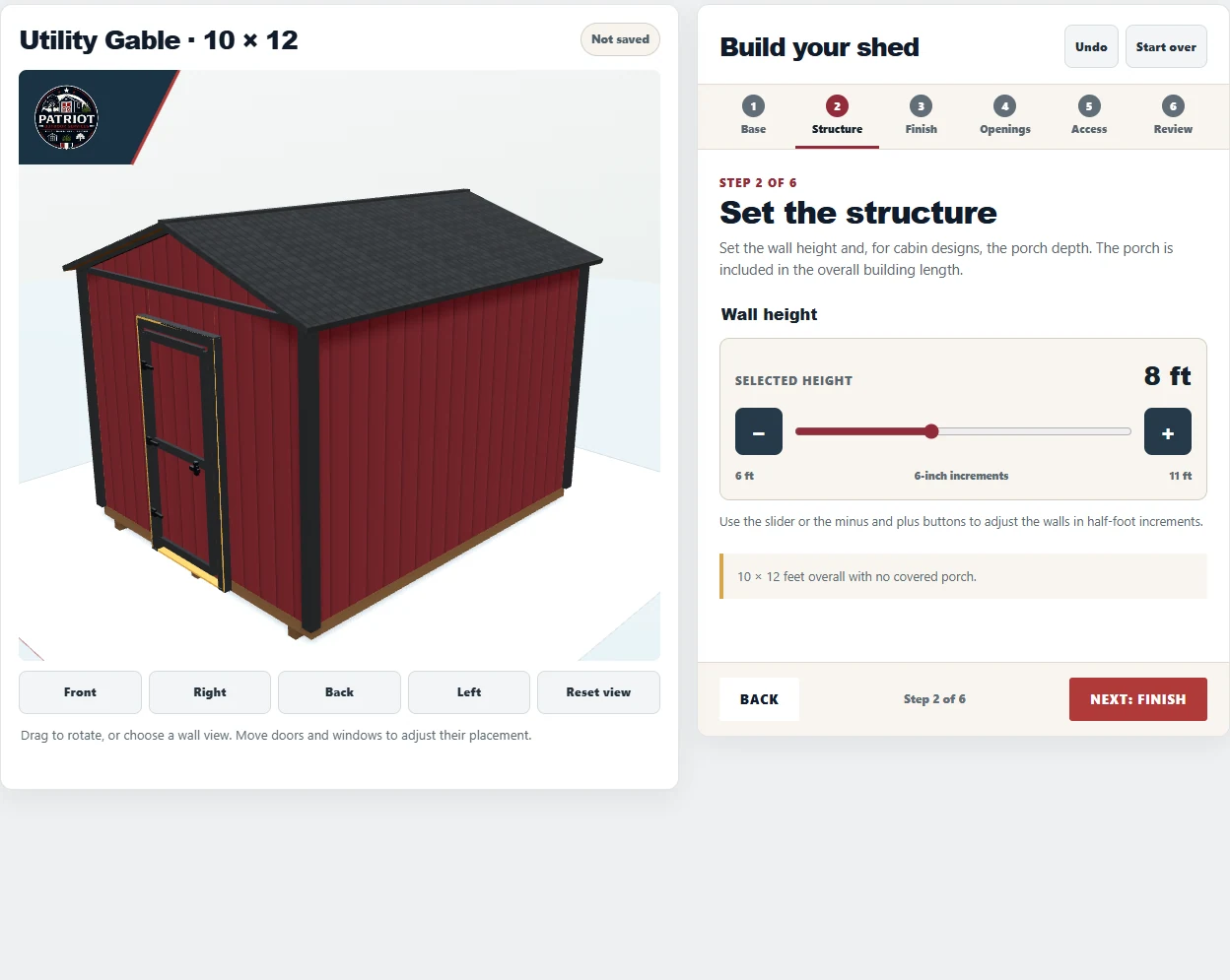 Actual Structure screen showing a selected wall height of 8 feet on the red Utility Gable shed
