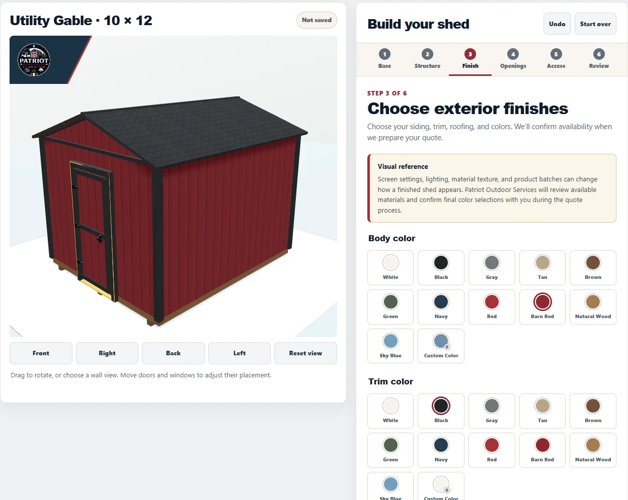 Actual Finish screen showing Barn Red body color and Black trim color selected