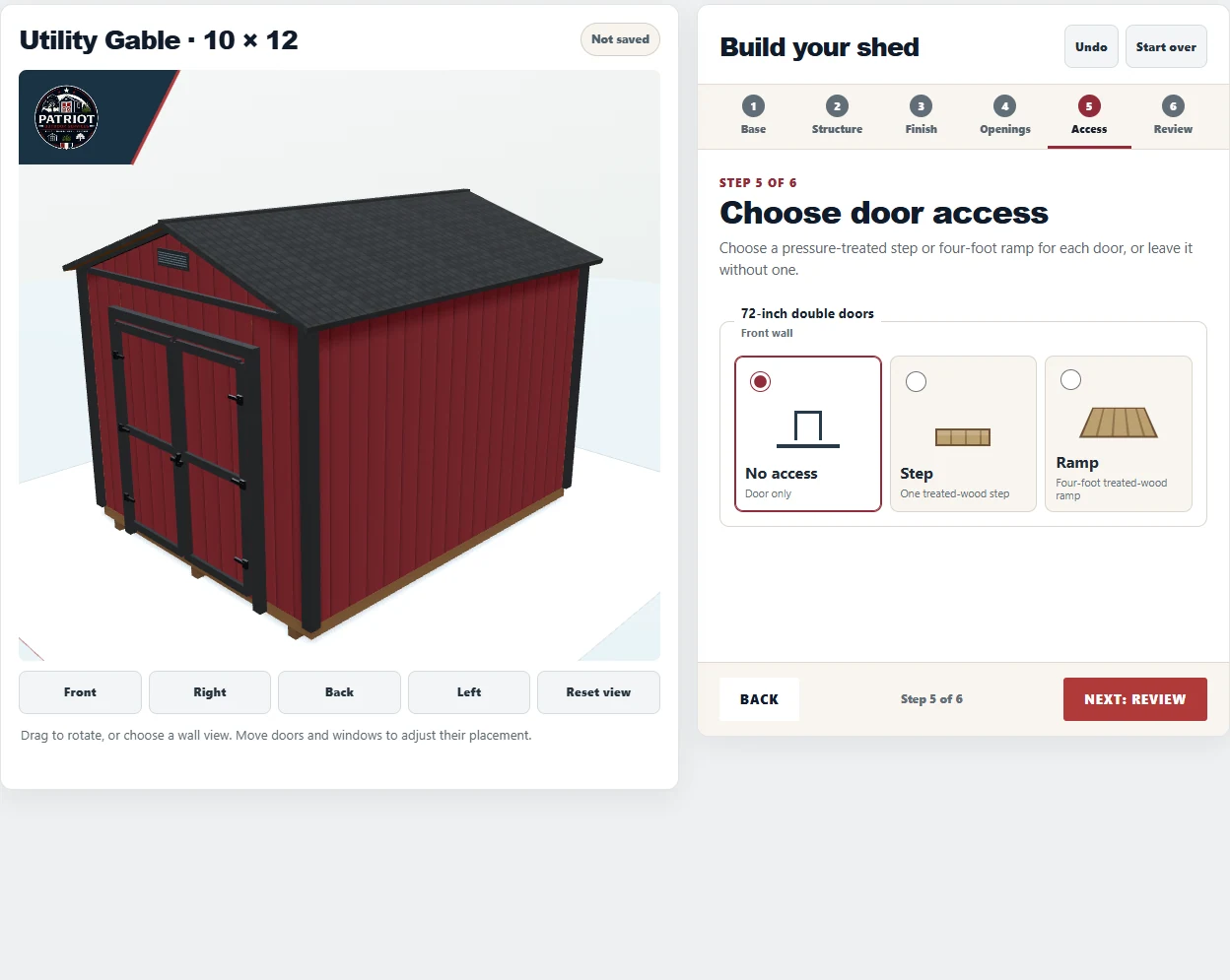 Actual Access screen with No access selected for the front 72-inch double doors, beside the Step and Ramp choices