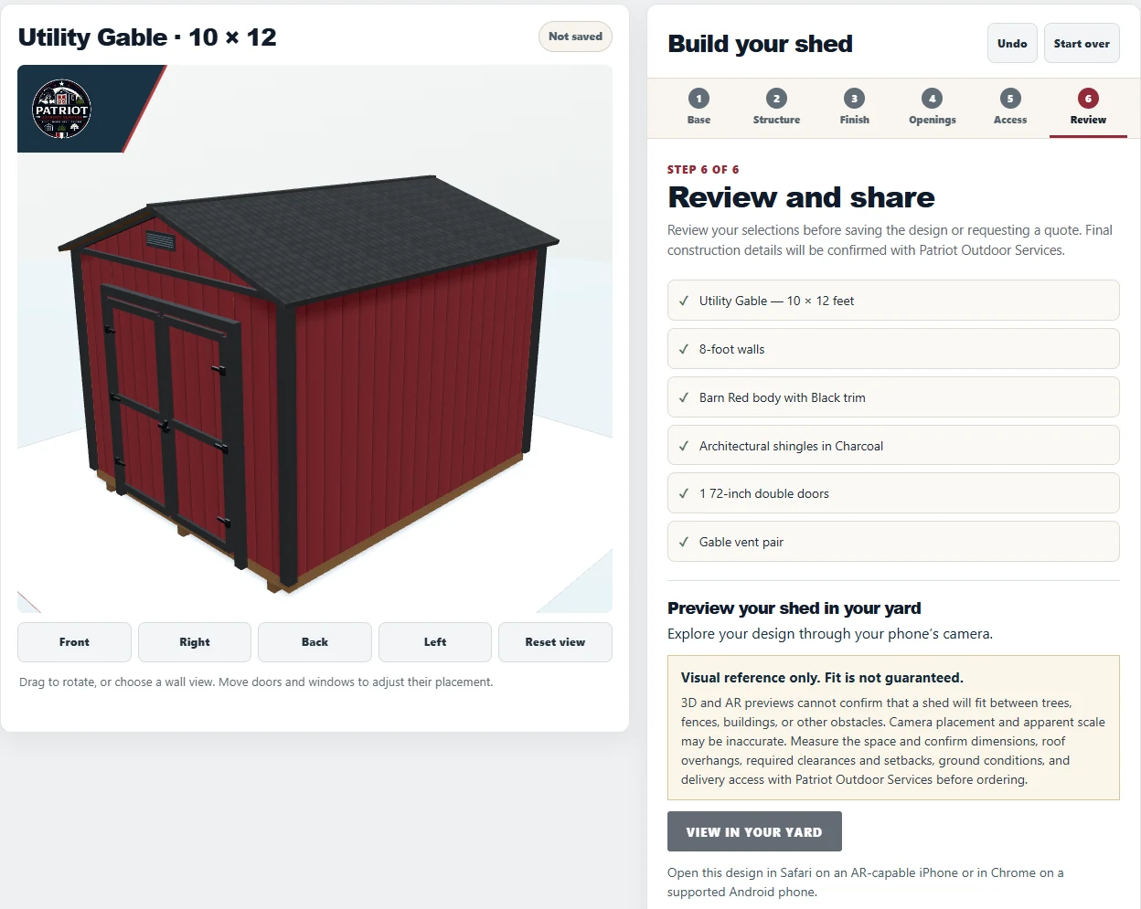 Actual Review screen showing the finished red double-door Utility Gable preview and its selected dimensions and finishes