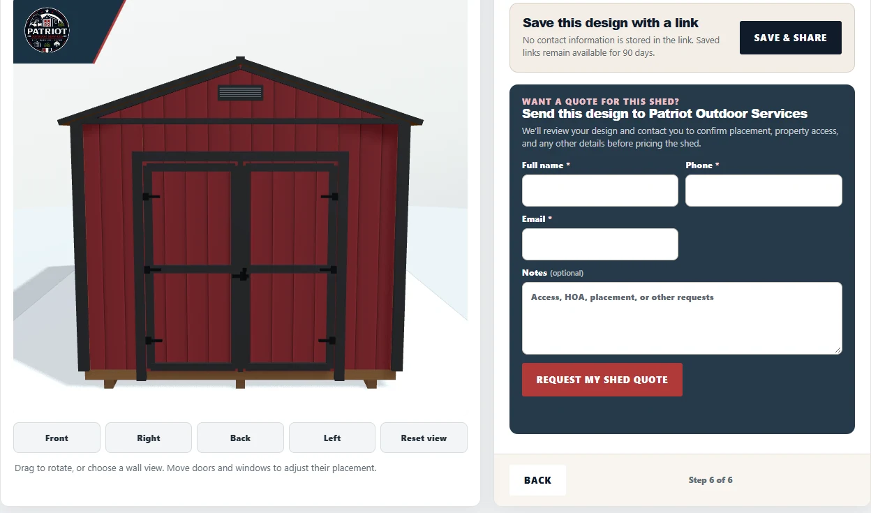 Actual Review screen showing Save & Share and the empty shed quote request form with Full name, Phone, Email, and Notes